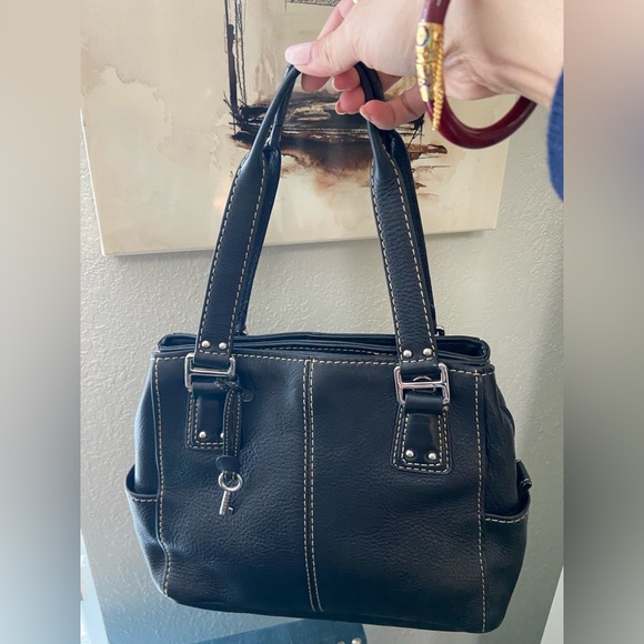 Fossil Handbags - Fossil Black Leather Double Handles Shoulder Handbag Purse Silver Tone Hardware